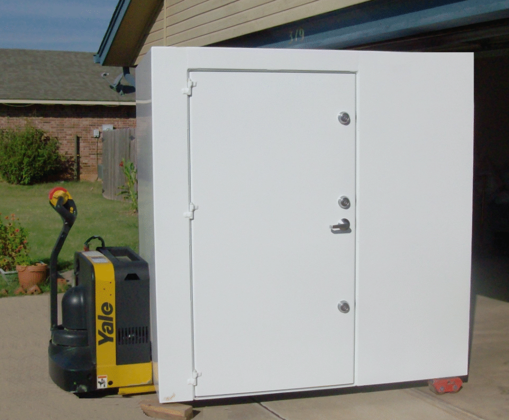 a white storm shelter