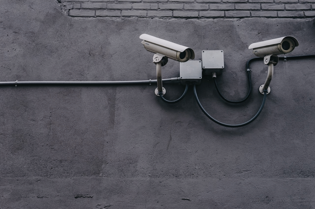 A photo of two surveillance cameras.