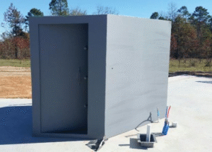 A large grey safe room with an open door.