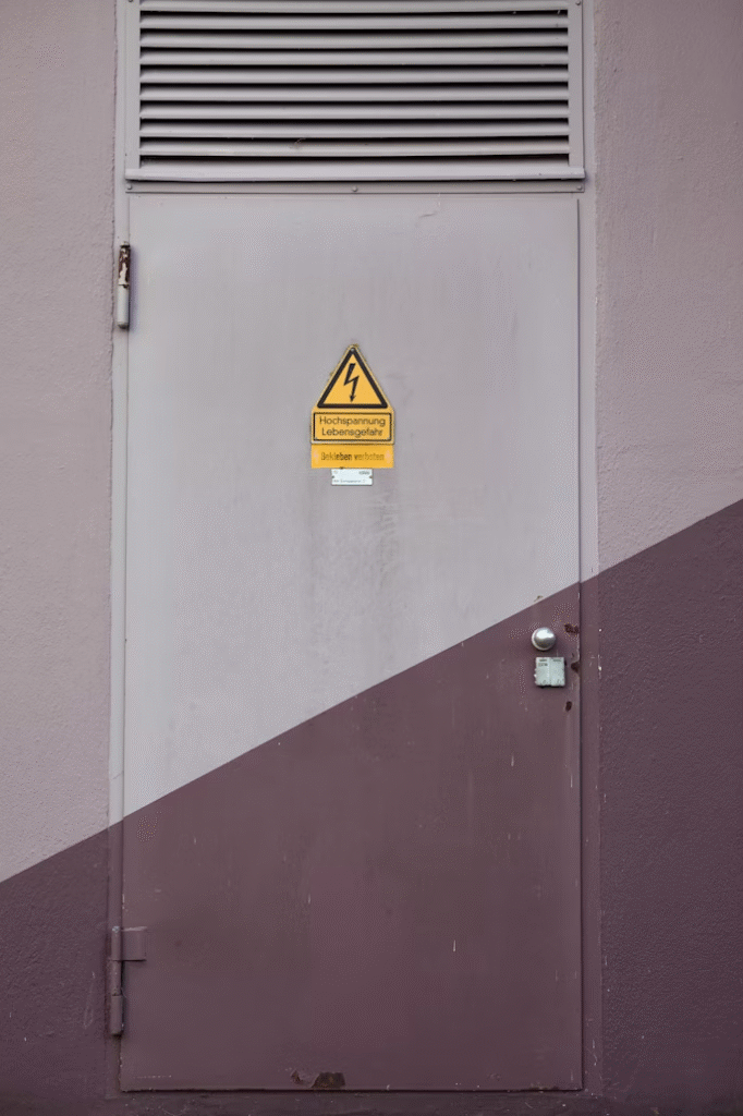 A photo of an electrical switchboard with a lightning sign.