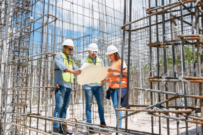Three construction workers holding blueprints in a construction zone.