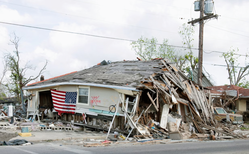 A tornado-damaged house with debris and collapsed walls