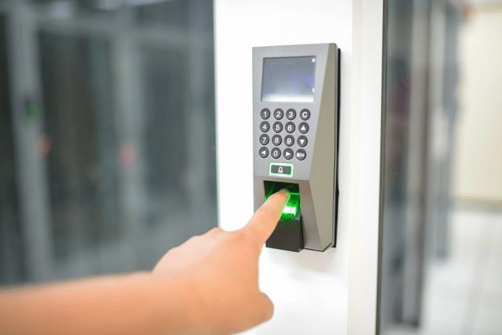A hand with one finger on a finger scanner
