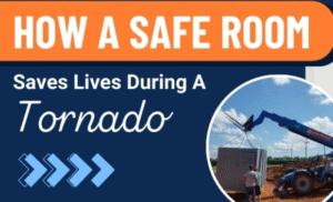 Infographic showing how a safe room provides tornado protection, saving lives step by step. It explains early weather alerts, entering shelter, EF5-rated steel strength, ventilation with secure locks, and safe exit, ensuring family safety during extreme storms and disasters.
