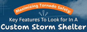 Infographic highlighting essential features of a custom storm shelter for maximum tornado safety. Key points include EF5-rated impact-resistant construction, secure locking systems, proper ventilation, accessibility, comfort, and certified safety testing to protect families during severe storms and emergencies.