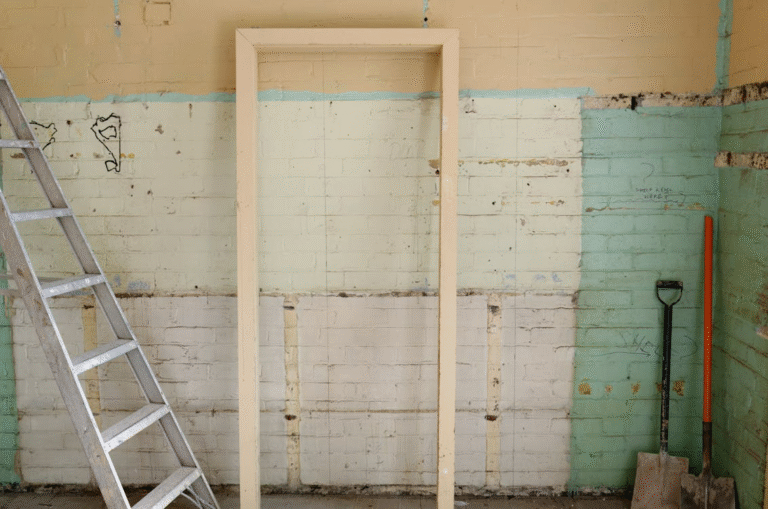 Brown wooden door frame of an older storm shelter