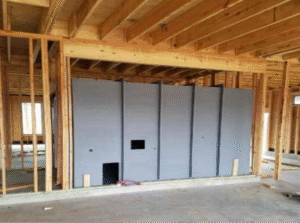 A large gray structure resembling a giant electrical outlet faceplate is humorously installed within the wooden frame of a house under construction.