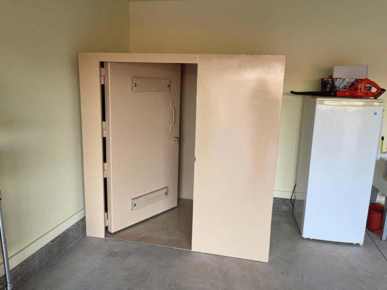 The image shows a beige vault or heavy-duty safe installed in a room, with a white fridge and other items nearby.