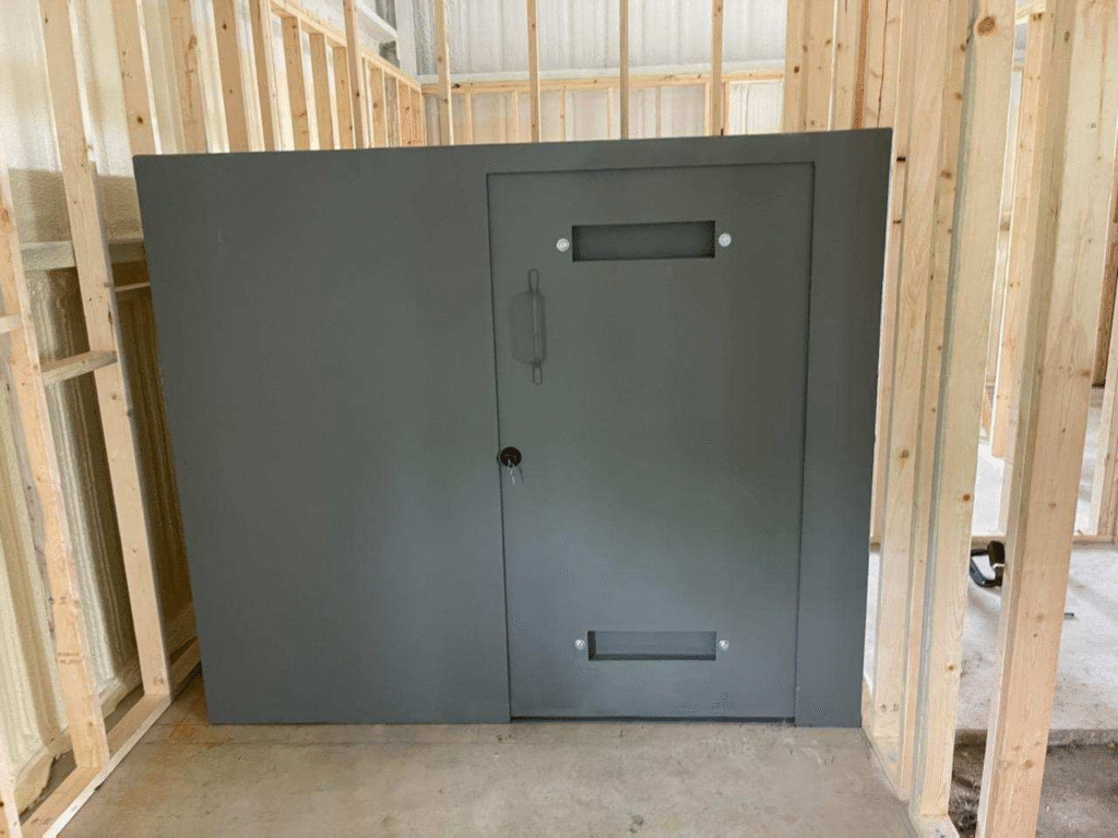 The image shows a gray safe room installed indoors within a building under construction, surrounded by exposed wooden framing.