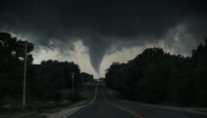 Massive tornado funnel forming over a long country road