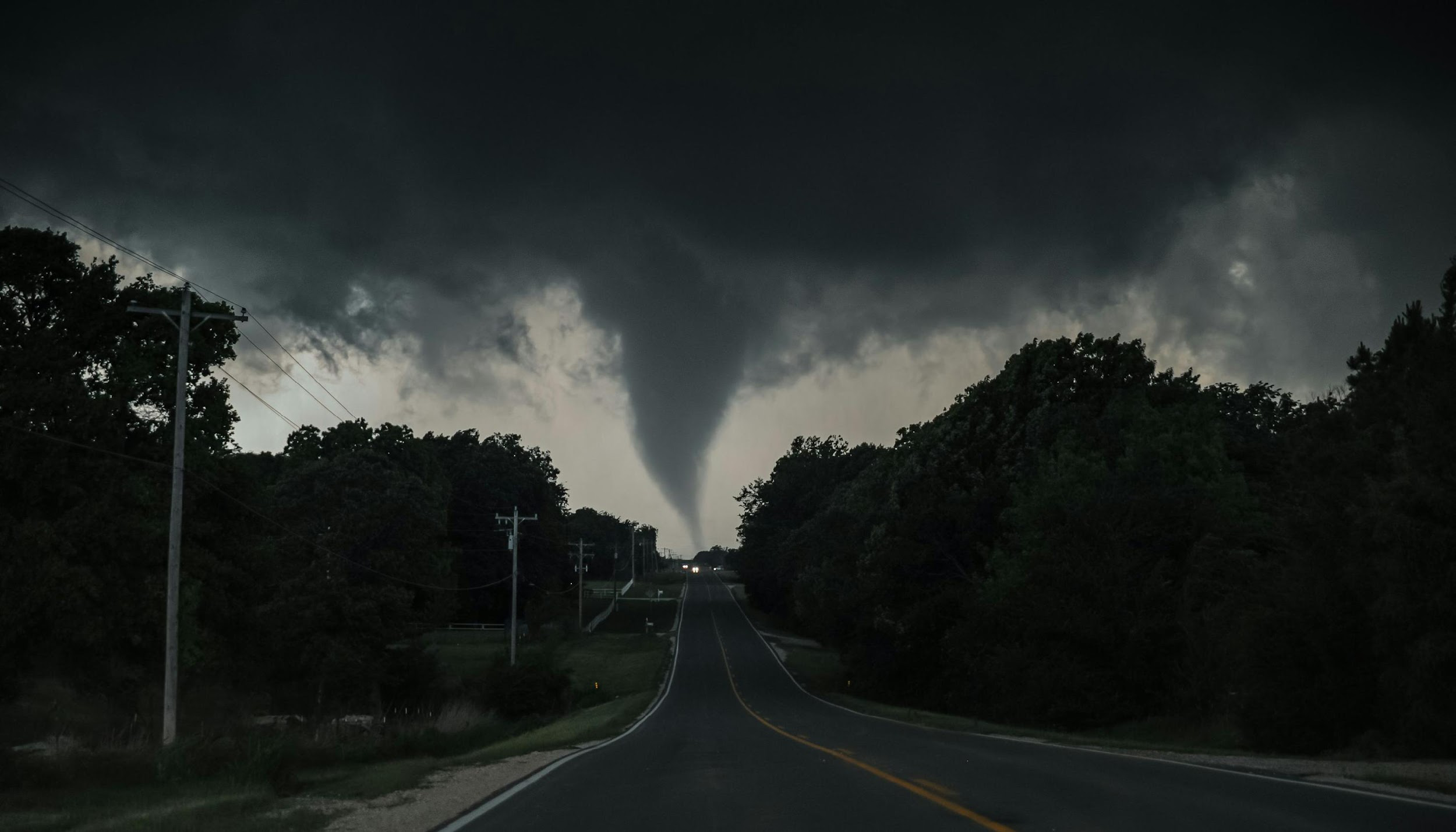 Massive tornado funnel forming over a long country road