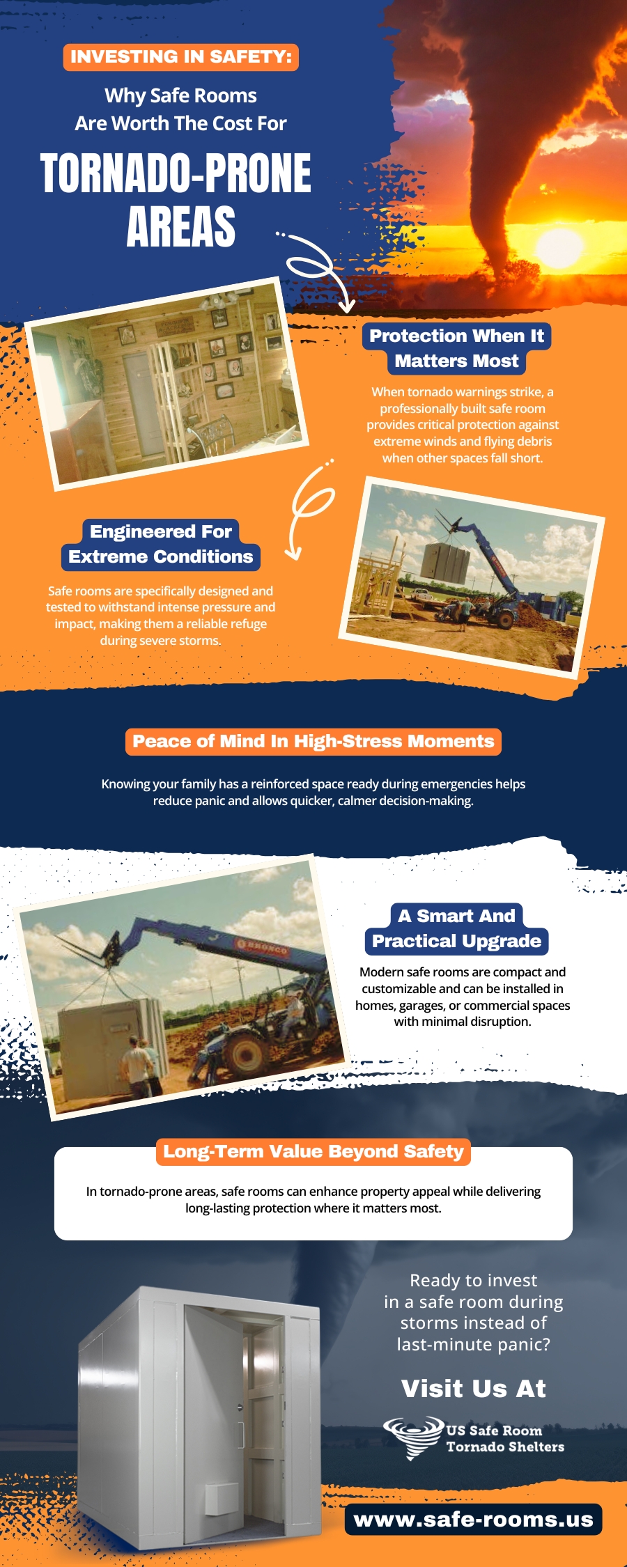 An infographic explaining why professionally built safe rooms are a worthwhile investment in tornado-prone areas, highlighting protection from extreme winds, engineered construction, peace of mind during emergencies, easy installation, and long-term property value benefits.