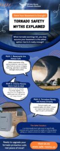 Infographic debunking tornado safety myths, explaining risks of basements and interior rooms, and highlighting how safe rooms provide stronger protection during severe storms.