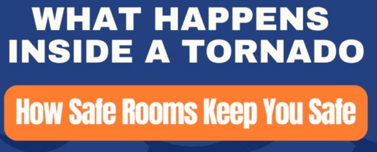 Infographic explaining what happens inside a tornado, including extreme wind speeds, flying debris, and pressure changes, and how safe rooms provide protection during severe storms.