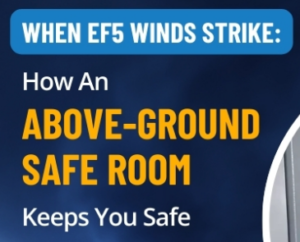 Infographic explaining how an above-ground safe room protects families during EF5 tornadoes, highlighting reinforced steel construction, debris impact testing, pressure-resistant design, and quick indoor accessibility for extreme wind and storm protection.